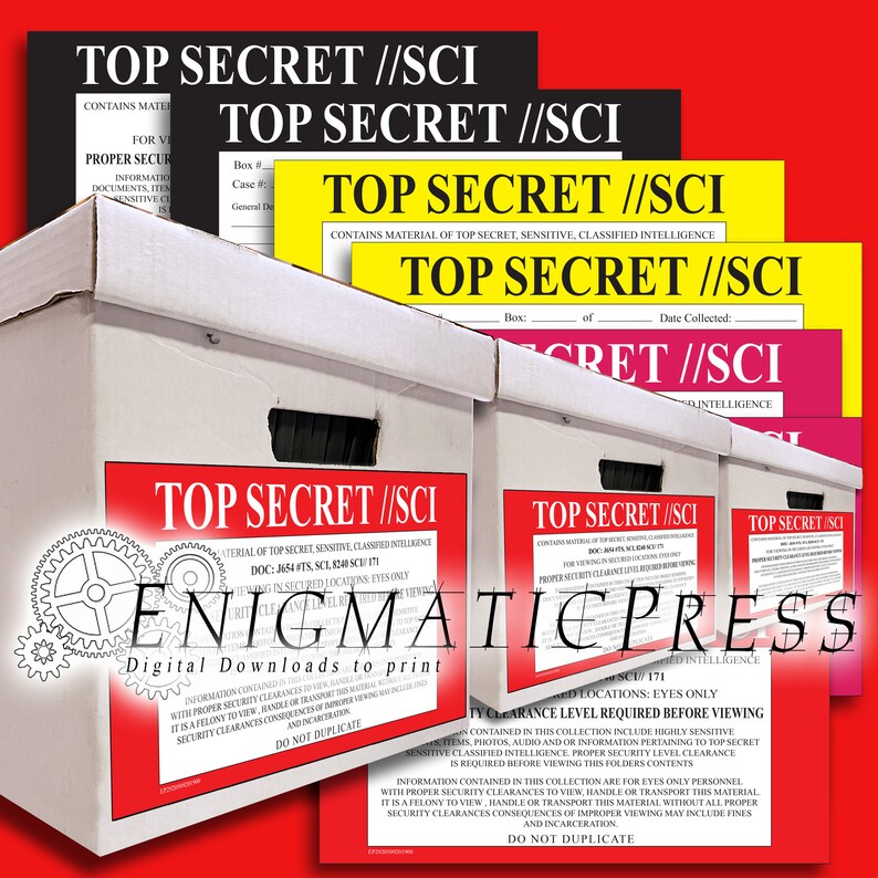 May include: Four red and white boxes with the text "TOP SECRET //SCI" printed on them. The boxes are stacked on top of each other. The text on the boxes indicates that they contain classified intelligence. The boxes are labeled with the text "DOC: J654 #TS, SCL50 SCU 171".