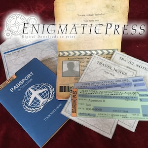 Estilo passaporte, conjunto de cartões de convite, com cartão de embarque, notas de viagem e envelope, texto editável PDF Downloads digitais DIY