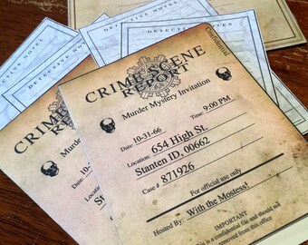 Murder Mystery, Invitation Card, fun party set, Crime Scene, Skull themed, printable editable PDF, digital download, old fashioned, police