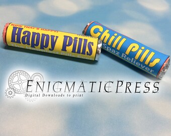 Etykiety Happy Pills i Chill Pills Lifesavers! 6 w 1 w formacie PDF, do natychmiastowego pobrania w wersji cyfrowej do druku w domu