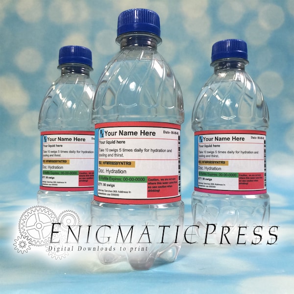 5 Editable Prescription style water bottle labels, water wraps, PDF, Home printable, digital download