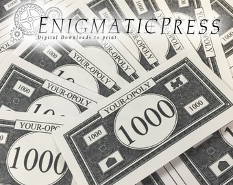 Editable Monopoly Money, PDF Sheet of  8 b/w bills, digital download home printable PDF