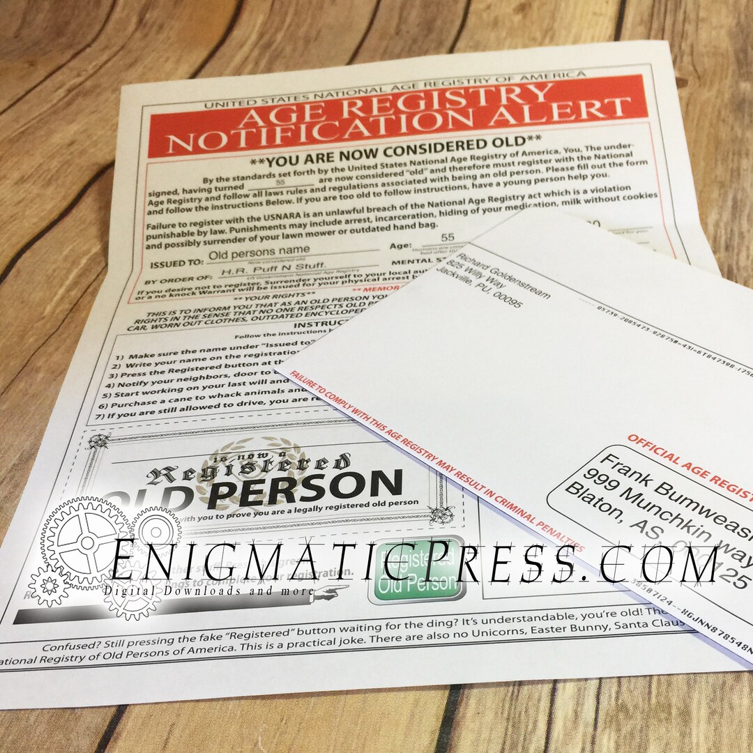 Age Registration Practical Joke Letter, With Envelope, Editable PDF, Digital Download, Funny