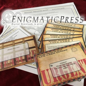 Mystery Treasure Hunt, com cartões de dicas, envelopes e guia de configuração, conjunto de presentes para impressão doméstica tudo em um, download digital instantâneo em PDF