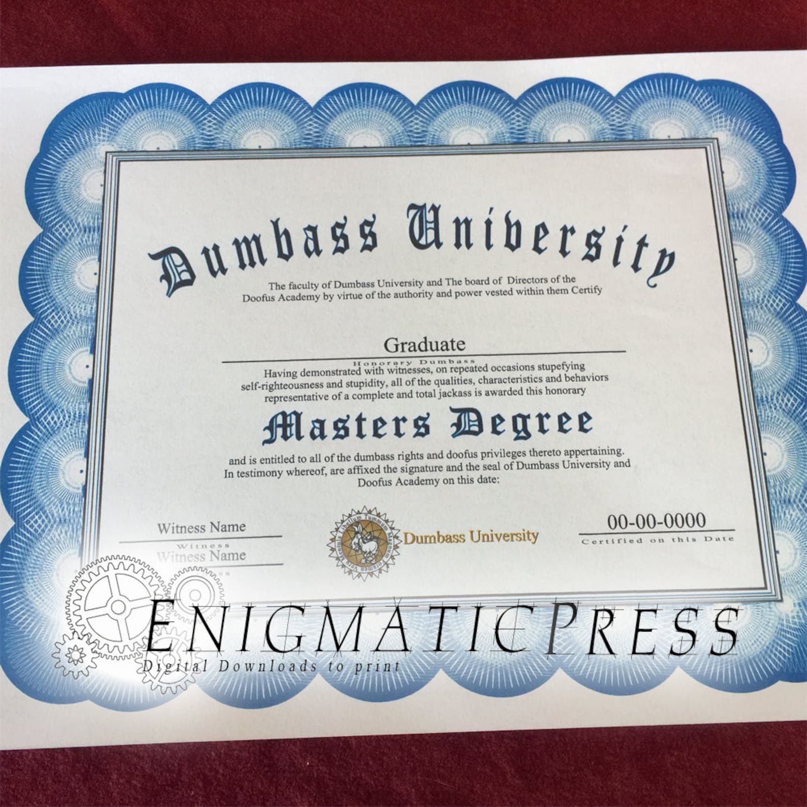 Honorary Dumbass Degree graduate style diploma with editable | Etsy
