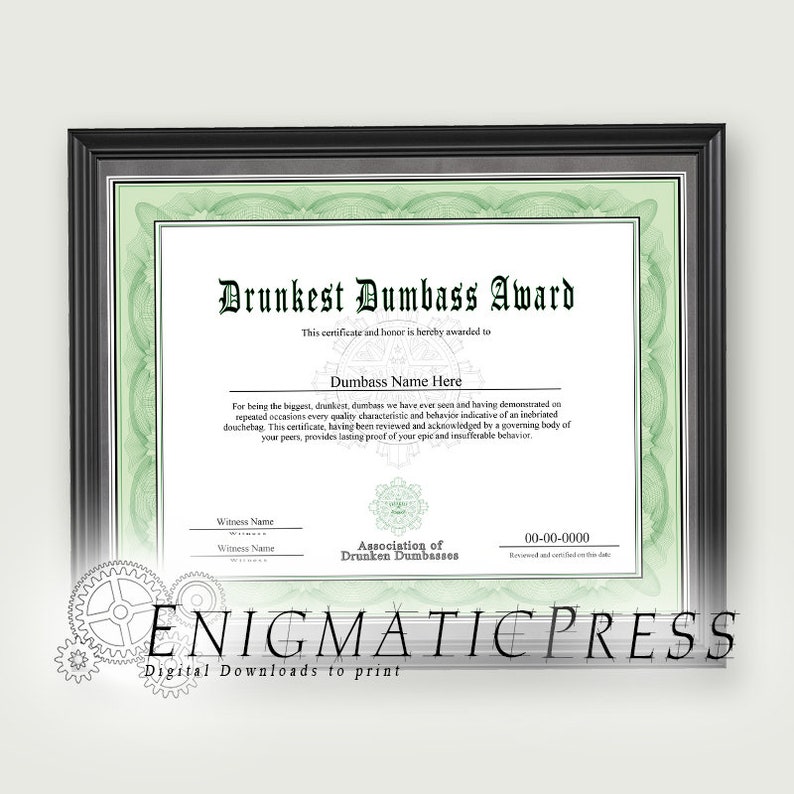 Drunkest Dumbass Award Certificate With Editable Text Home | Etsy
