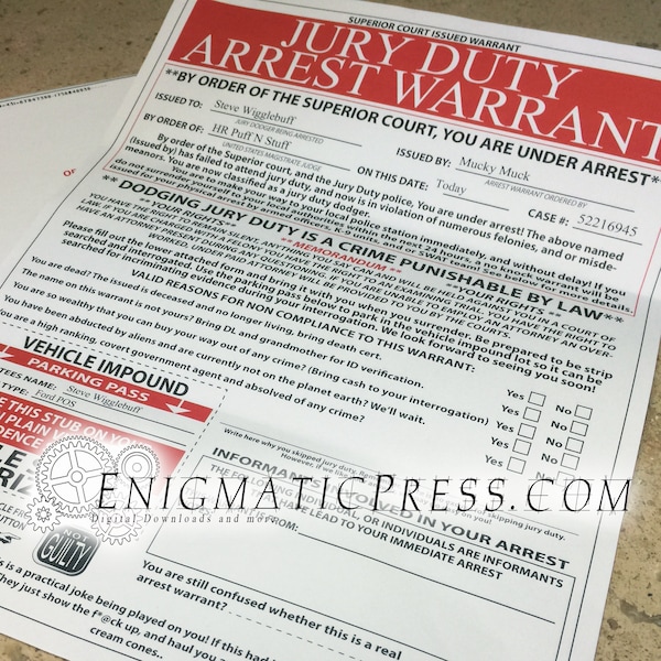 Jury Duty Arrest Warrant, with Envelope, Practical Joke set, editable, DIY, PDF, instant digital download, home printable