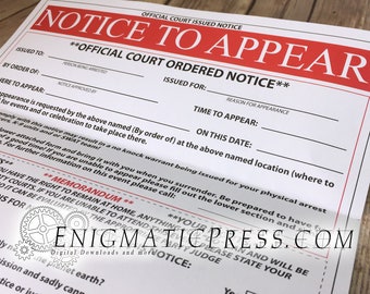 Official Court Ordered "Notice to Appear" Joke Party Invitation and envelope, DIY, editable PDF, instant digital download, home printable