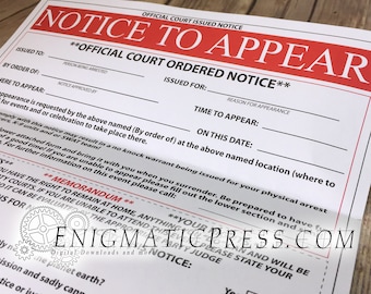 Official Court Ordered "Notice to Appear" Joke Party Invitation and envelope, DIY, editable PDF, instant digital download, home printable