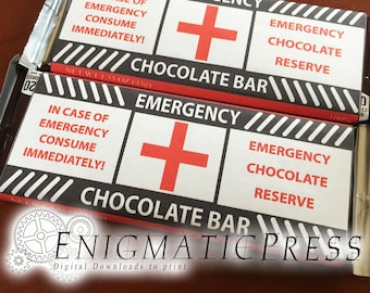 Emergency chocolate! labels, fit 1.45 and 1.55oz size Hershey&#39;s  and Nestle bars, editable PDF digital download