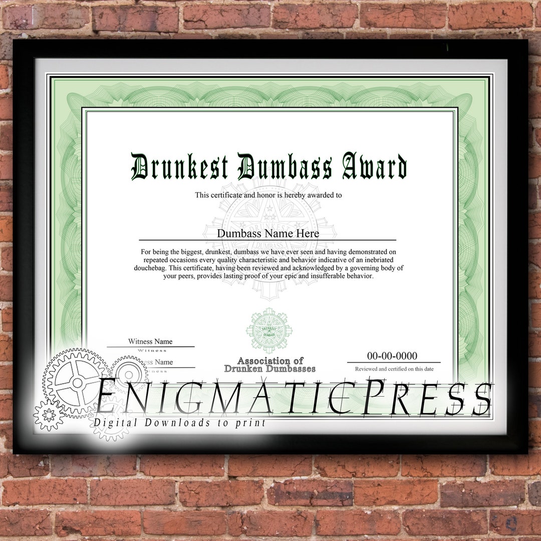 Drunkest Dumbass Award, Certificate With Editable Text, Home Printable ...