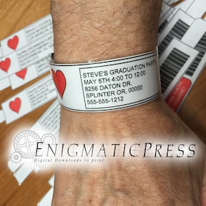 Med patient style wrist bands, with easy editable text, DIY PDF, instant digital download home printable party favor