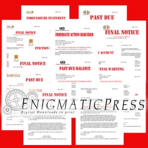 May include: A collection of financial documents, including foreclosure statements, final notices, and past due notices. The documents feature red and black text on white paper, with various company logos and the text "ENIGMATIC PRESS".