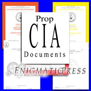 May include: A printable set of two prop CIA documents. The documents are yellow and orange with black text. The text on the documents reads "Official Document, Central Intelligence Agency, Sensitive Documents Enclosed". The documents are labeled "Eyes Only" and "For Official Use Only".