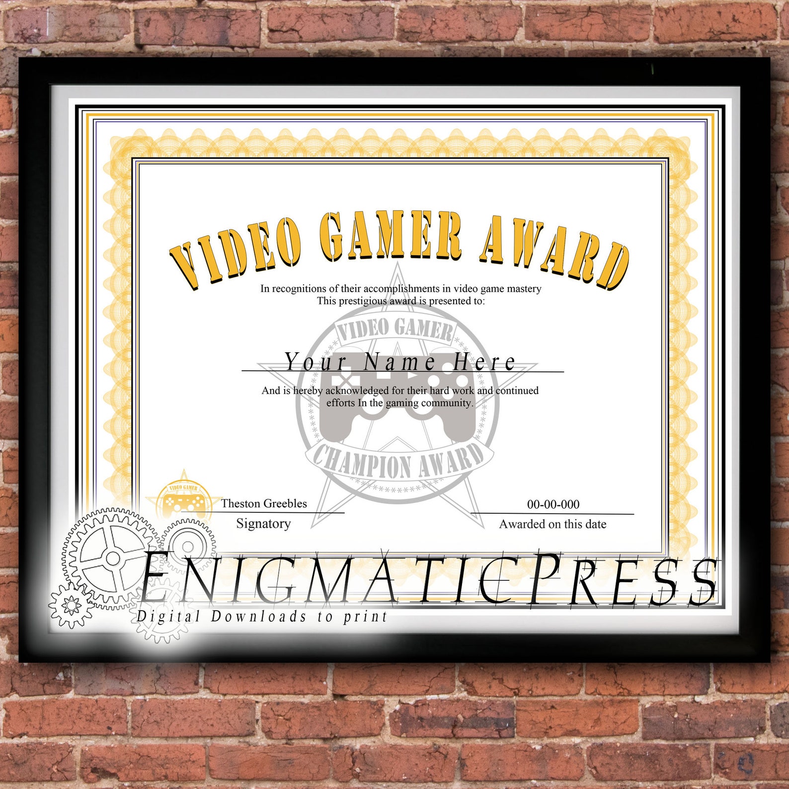 Video Gamer awards style certificate editable PDF Home Etsy