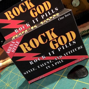 Rock God brand, &quot;Rockit Pills&quot;, fake DIY gift box, Fun musician party favor prop, digital download, home printable