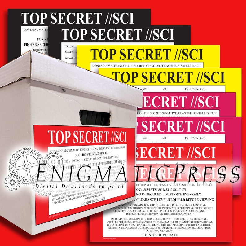 May include: A white box with a red, yellow, and pink label that reads "Top Secret //SCI". The label contains the text "Contains material of Top Secret, Sensitive, Classified Intelligence" and "Doc: J654 #TS, SCL240 SCI// 171". The label also includes the text "Clearance Level Required Before Viewing".