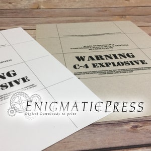 May include: A printable warning sign with black text on a brown background. The sign reads "WARNING C-4 EXPLOSIVE". The text below the warning reads "CAUTION: THIS EXPLOSIVE COMPOUND MAY ONLY BE USED IN THE INTERESTS OF NATIONAL SECURITY OF THE UNITED STATES OF AMERICA. UNAUTHORIZED USE CONSTITUTES A FELONY. CHARGE UNDER ARTICLE CODE H-2241".
