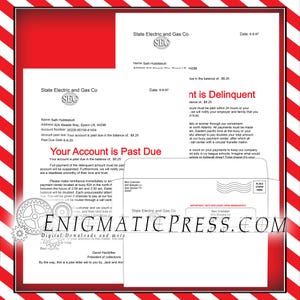Op de afbeelding: Een nep elektriciteitsrekening van State Electric and Gas Co, met een rood en wit ontwerp. De tekst luidt "Your Account is Past Due" en "nt is Delinquent". De rekening is geadresseerd aan Seth Hubblebutt en gedateerd 6-8-97.
