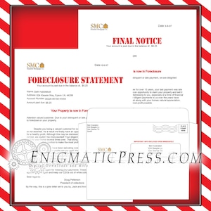 2 Prop Foreclosure Statements with Envelope, Film, Video, or Practical Joke set, Editable, PDF, DIY Digital download. Print at home.