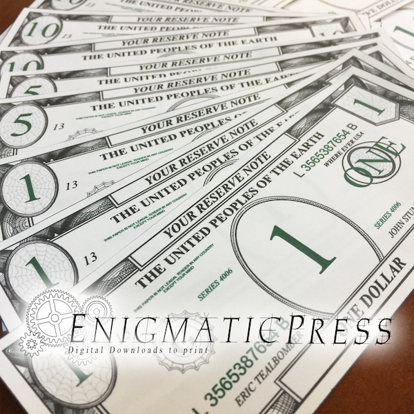 Play Money, 2 color bills, front and backs included, Editable PDF digital download home printable