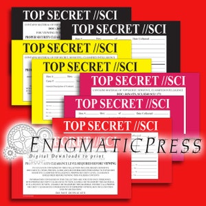 May include: A red, yellow, and black sign with the text "TOP SECRET //SCI" repeated multiple times. The sign contains a warning about the sensitive nature of the information and the required security clearance level to view it.