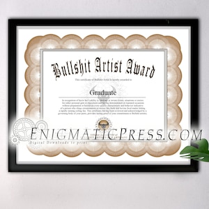 Bullshit Artist Award, Zertifikat mit bearbeitbarem Text, Home printable, digitaler Download pdf,