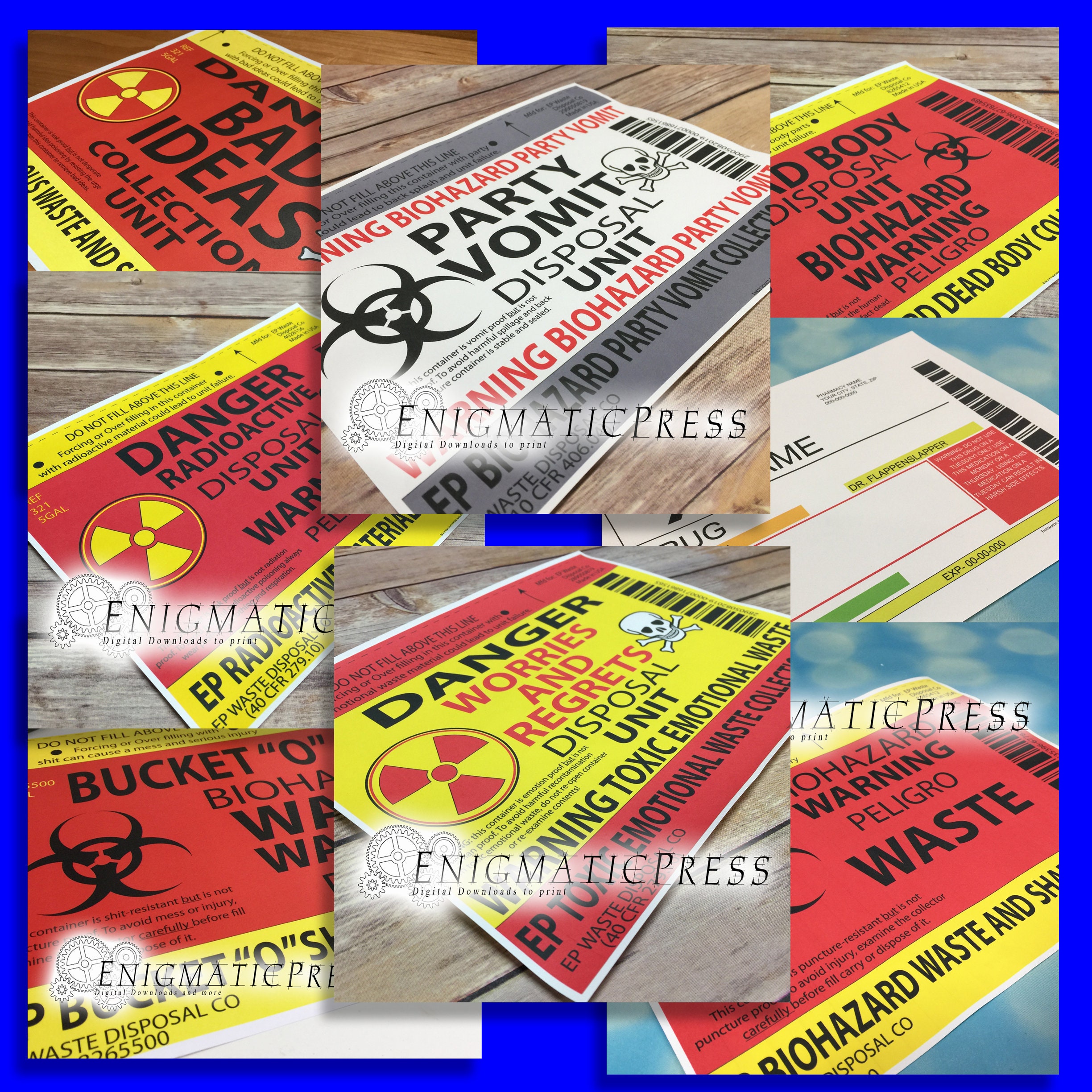 10 Trash Bucket Labels, Complete Set, 8.5x11 PDF, Party, Office, Prop ...