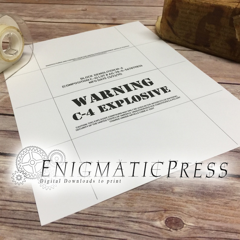 May include: A black and white warning sign with the text "WARNING C-4 EXPLOSIVE" and the following information: "BLOCK DEMOLITION M-4 (COMPOSITION C-4) LOT#AD-78-0-567879836 MFG DATE (3/23/19)". The sign also includes the text "CAUTION THIS EXPLOSIVE COMPOUND MAY ONLY BE USED IN THE INTERESTS OF NATIONAL SECURITY OF THE UNITED STATES OF AMERICA. UNAUTHORIZED USE CONSTITUTES A FELONY CHARGE UNDER ARTICLE CODE W-740."