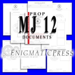 May include: A set of printable documents with the text "MJ 12 DOCUMENTS" and a seal with the text "THE MAJESTIC 12 GROUP" in the center. The documents are labeled "PROP" and "OFFICIAL DOCUMENT MAJESTIC-12 GROUP FIELD REPORT".