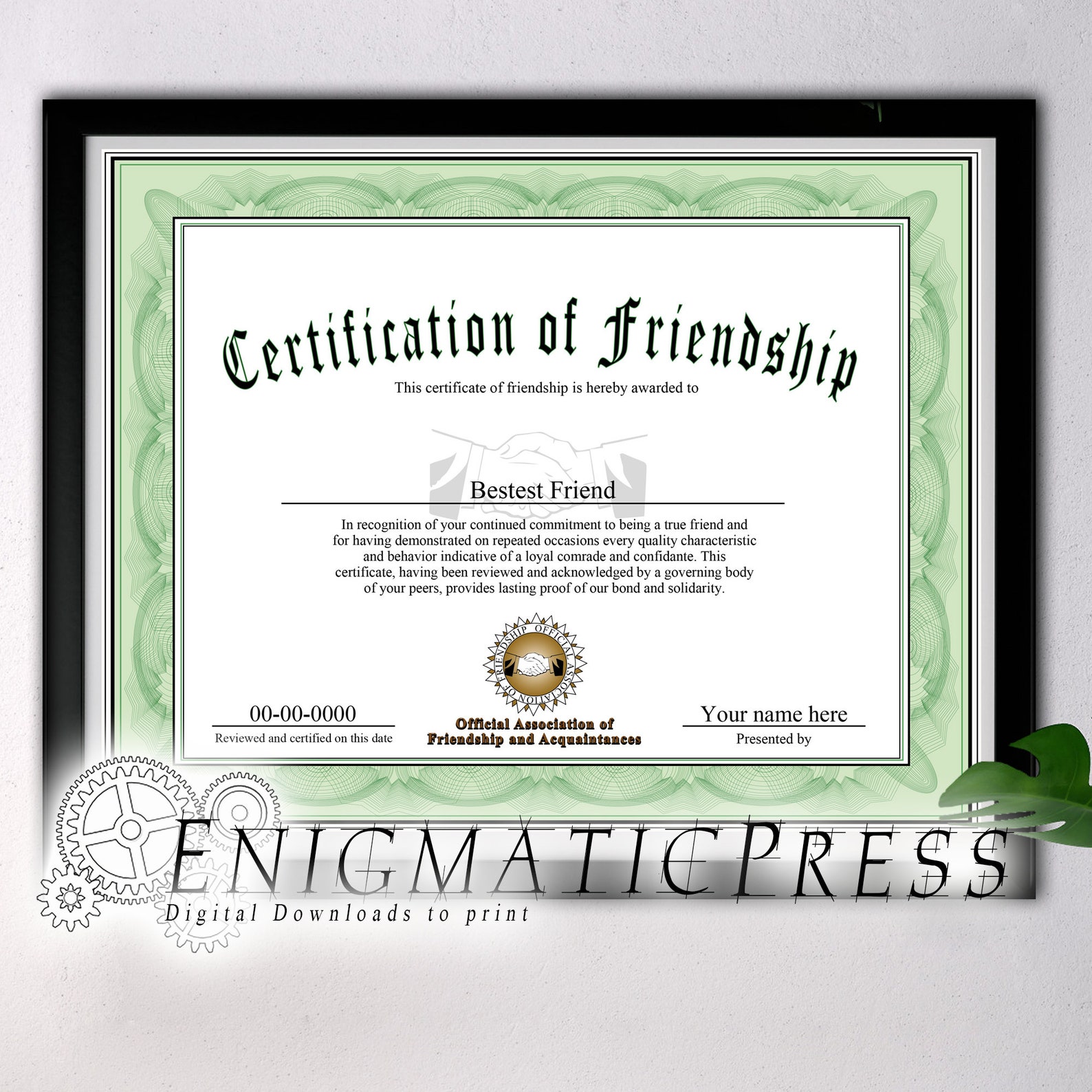 Certificate Of Friendship Award Style Gift With Editable Etsy
