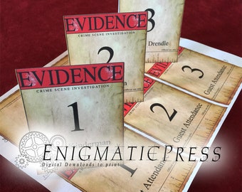 3 pgs of Crime scene Evidence labels, tags and place markers, true crime party decorations and props, instant digital download