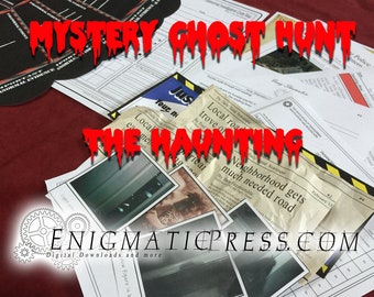 May include: A collection of printed materials for a mystery ghost hunt game. The image features the text "Mystery Ghost Hunt" and "The Haunting" in red, along with newspaper clippings, photos, and evidence cards. The website address "ENIGMATICPRESS.COM" is also visible.