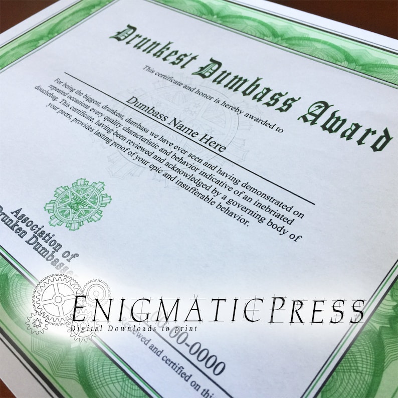 Drunkest Dumbass Award Certificate With Editable Text Home | Etsy