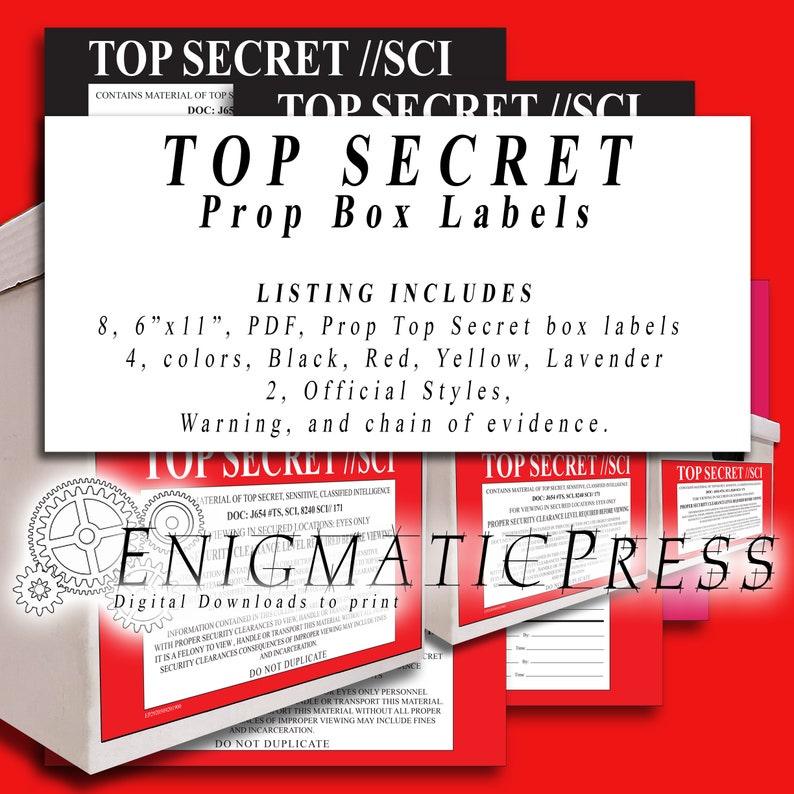 May include: Eight printable 6x11 inch PDF prop box labels for a top secret theme. The labels are in four colors: black, red, yellow, and lavender. There are two official styles, a warning, and a chain of evidence.