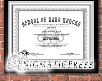 3 School of Hard Knocks Diploma style certificates, with editable text, Home printable, digital download, man cave art