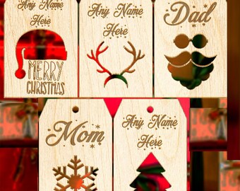 Customizable Christmas 5 Piece Wooden Gift Tag Ornament Set - Personalized Xmas Hanging Gift Tags