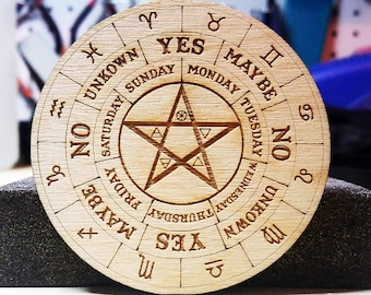 Wooden Pendulum Board with Wiccan Pentacle and Elements Engraved - Dowsing Dowse Board Pagan