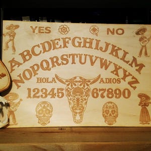 Wood &#39;Day of The Dead&#39; Ouija Board & Planchette ||| Sugar Skulls, El Día de los Muertos, Wooden Spirit Board, Hispanic, Mexican Holiday
