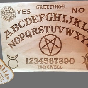 Wooden Ouija Board & Planchette w/ Wiccan Goddess, Horned God + Pentagram Halloween