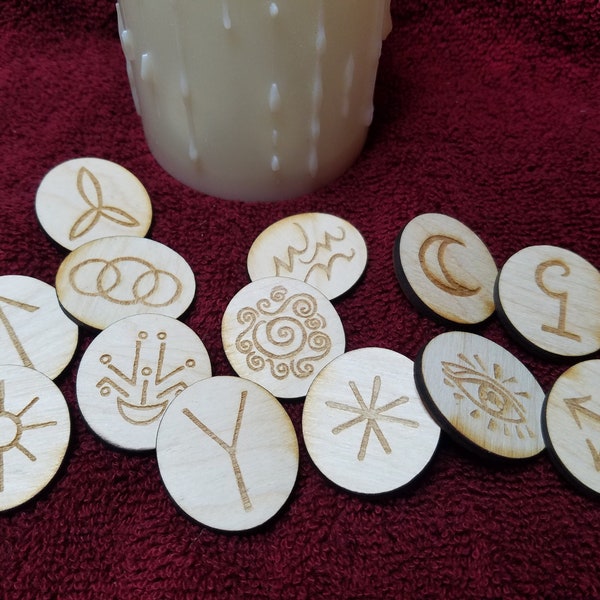 Witch's Runes (Set of 13) w/ Guide and Felt Bag | Engraved Birch Wooden Witch Rune Set