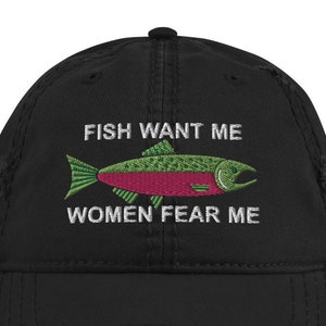 Fish Want Me Women Fear Me Hat Embroidered Fishing Cap W/ Salmon 