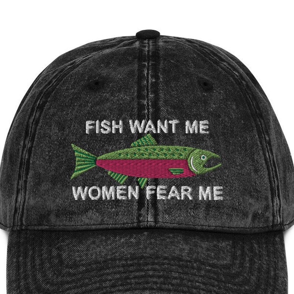 Vintage-style Fish Want Me Women Fear Me Hat w/ Salmon - Adjustable Unisex Cap