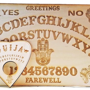 Wooden Ouija Board & Planchette w/ Hamsa Hand, Lotus, Namaste Symbol + More