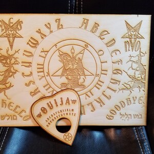 Wooden Ouija Board & Planchette w/ Baphomet and Pentagram 666 Satanism Talking Board Satan Occult Spirit Board Black Magick image 2