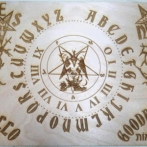 Planche ouija en bois et planchette avec baphomet, pentagramme gravé sur bois (extra large)