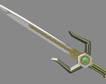 May include: A silver sword with a gold and black handle. The handle has a geometric pattern and a green gemstone.