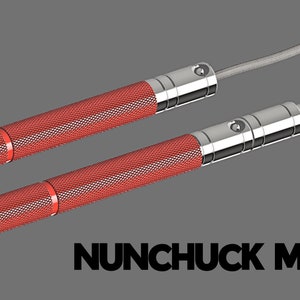 Puede incluir: Un par de nunchakus rojos y plateados con un cord&oacute;n gris que conecta los dos extremos. El texto "NUNCHUCK MODE" est&aacute; impreso en negro debajo de los nunchakus.