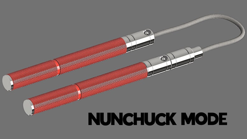 Puede incluir: Un par de nunchakus rojos y plateados con un cord&oacute;n gris que conecta los dos extremos. El texto "NUNCHUCK MODE" est&aacute; impreso en negro debajo de los nunchakus.