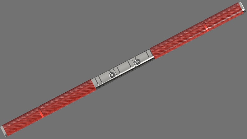 Puede incluir: Una porra telesc&oacute;pica roja y plateada con un agarre texturizado.